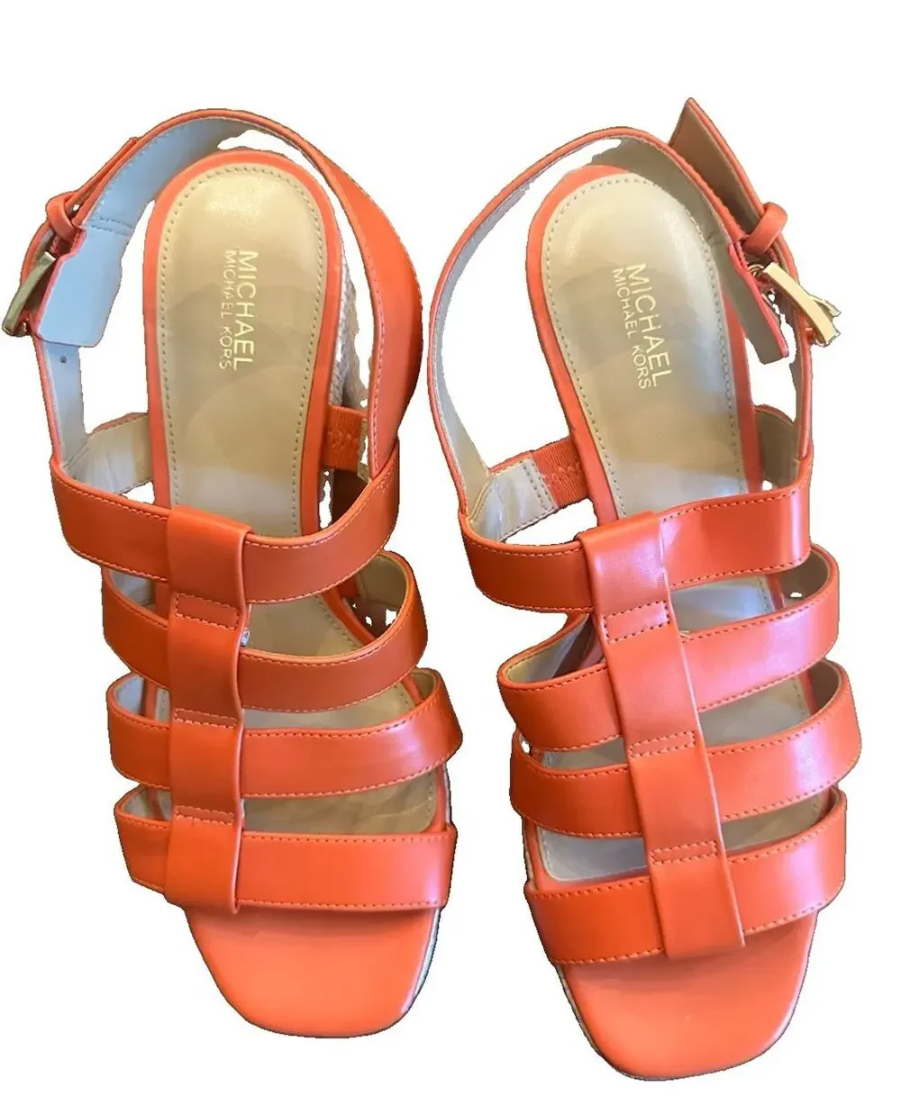 Michael Kors Orange Leather Strappy Espadrille Block Heel Sandals Sz 8M⁠